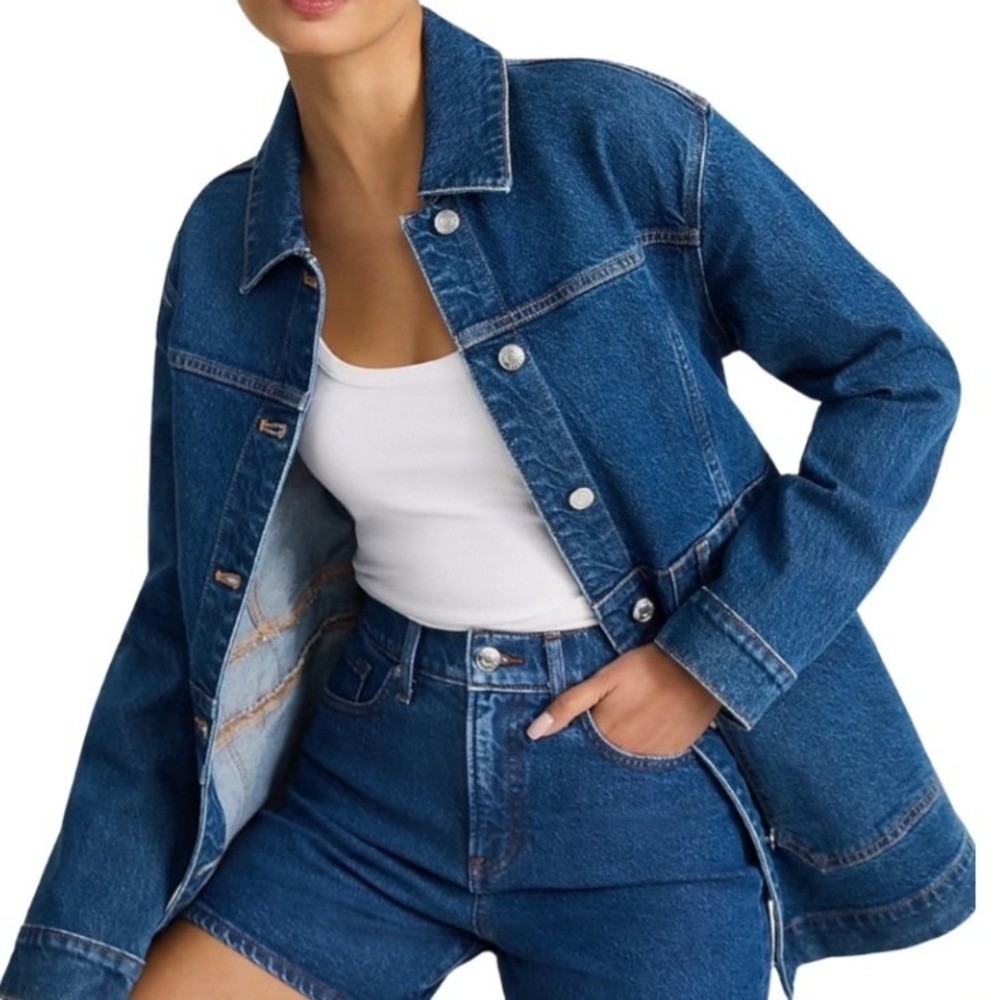 Express NWT Womens Medium Wash Longline Modern‎ Denim Jean Jacket Blue Size M